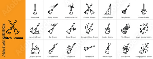 Witch broom and magic besom outline icon set for Halloween party decoration flying broomstick witch hat sweeping dust bucket ribbon fire and sparkles
