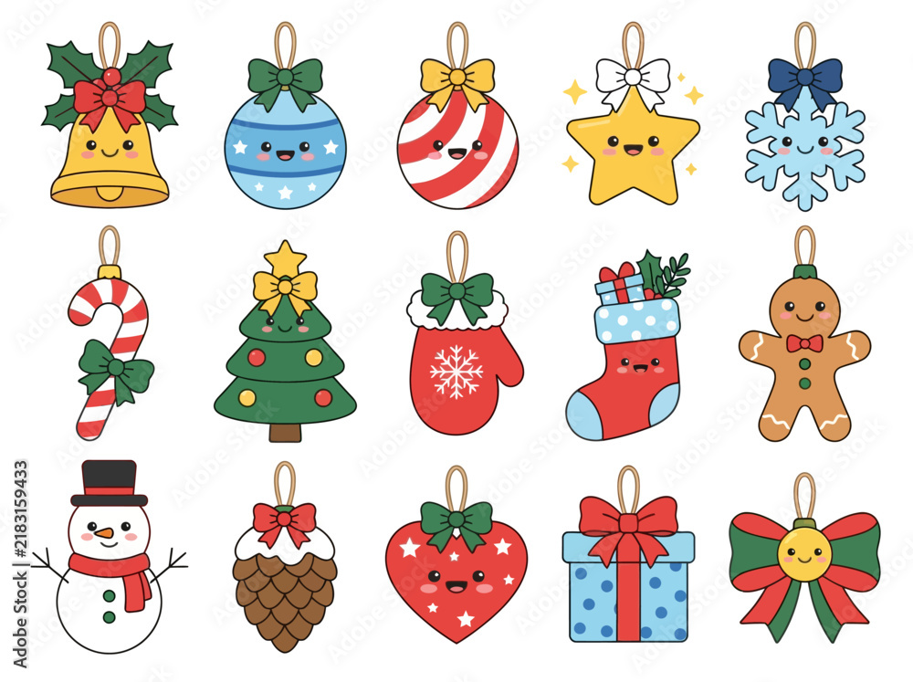Naklejka premium Cute Kawaii Christmas Ornaments Vector Set - Festive Holiday Icons