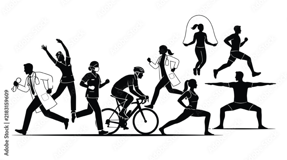 Obraz premium Athletes and medical doctors engage in energetic sports activities like cycling, running, jumping rope, and yoga poses.
