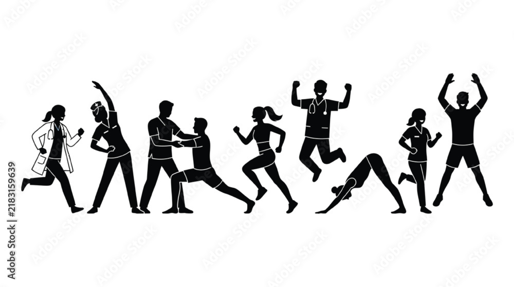 Fototapeta premium Medical staff and fitness enthusiasts perform dynamic stretching, rehabilitation exercises, and joyful jumps in silhouette.