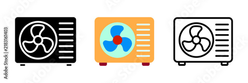outdoor compressor unit vector icon set in line solid and orange style for hvac fan system