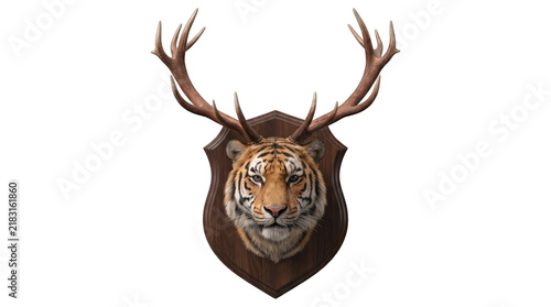 Fantasy Taxidermy Mount Tiger Face with Deer Antlers PNG Isolated on a transparent background