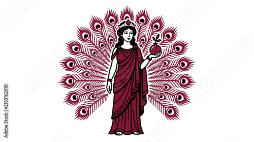 Canvas Print Illustration of the Greek goddess Hera holding a pomegranate with a peacock feather fan