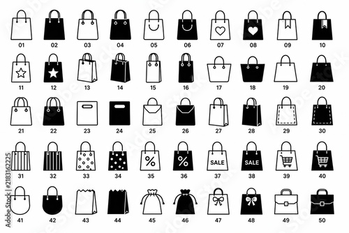 Set of black shopping bag icons for retail and online store commerce