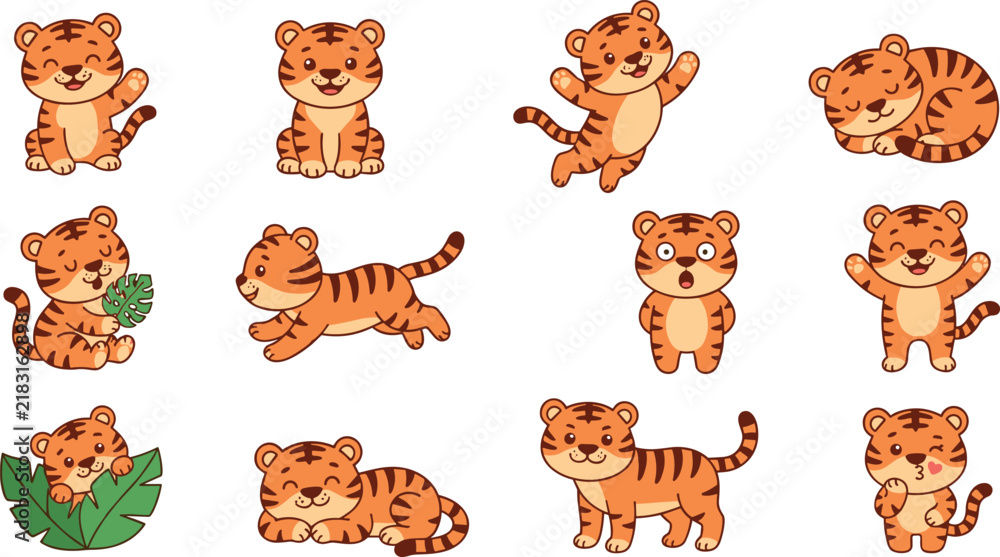 Fototapeta premium Cute Kawaii Baby Tiger Character Icon Set with Tigers Sitting, Sleeping, Running, Waving, and Hiding in Leaves