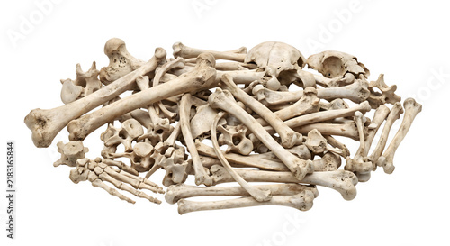 Foto Scattered pile of aged human bones and skeletal remains