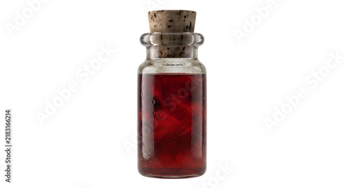 Foto Magical red potion in clear glass bottle with cork stopper