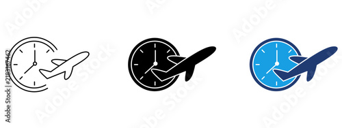 Flight time icon with clock symbol and taking off airplane. Symbol of flight schedule, flight delay, departure time, travel duration, and airport timetable.