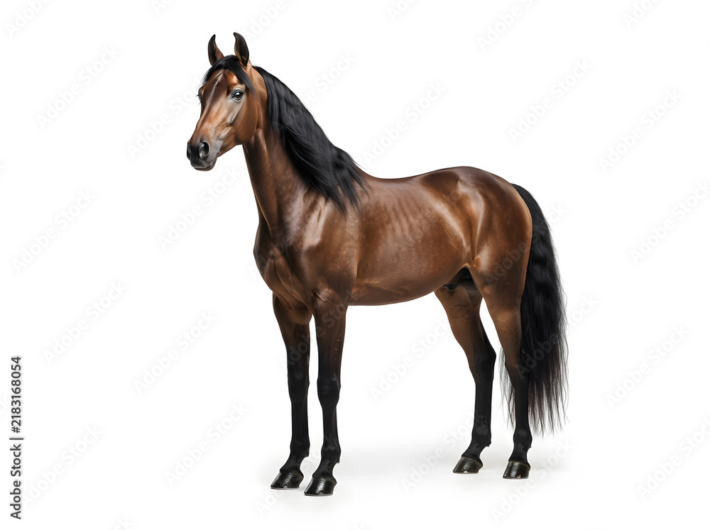 Fototapeta premium Majestic brown horse standing proudly isolated on white background