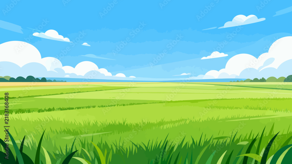 Obraz premium Vast green fields stretch under a clear blue sky. Soft clouds drift lazily overhead. Foreground grasses sway gently in the breeze. Perfect for serene nature scenes or tranquil backgrounds