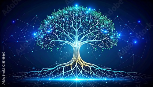 Digital tree with glowing roots and branches in dark space.