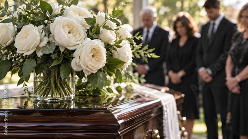 Funeral ceremony with white floral arrangement on wooden casket and grieving mourners in background representing remembrance loss sympathy bereavement memorial service and farewell
