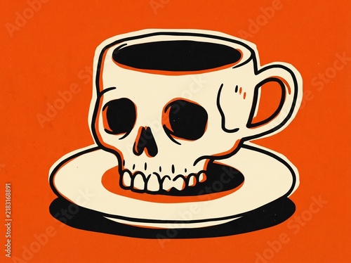Vintage Style Skull Coffee Cup Illustration on Orange Background