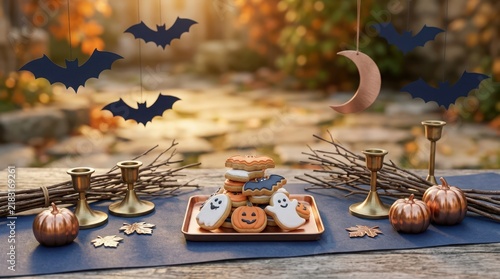 Whimsical halloween sugar cookies with ghost and pumpkin designs served on tray with hanging paper bats and copper moon.