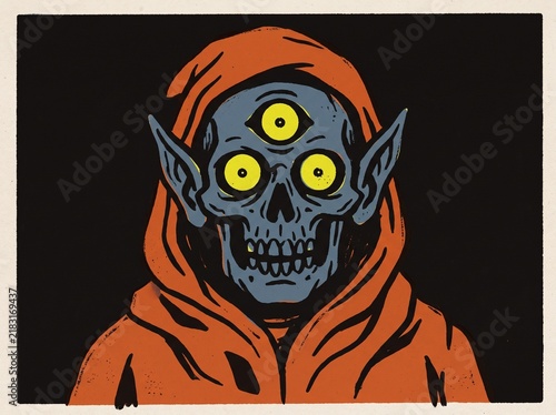 Vintage Style Three-Eyed Skull Monster in Orange Hooded Cloak Illustration