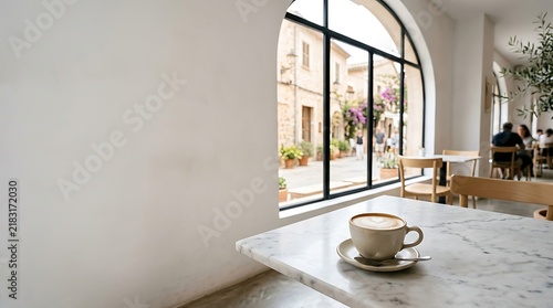 Latte coffee on marble table by window in bright modern cafe interior
