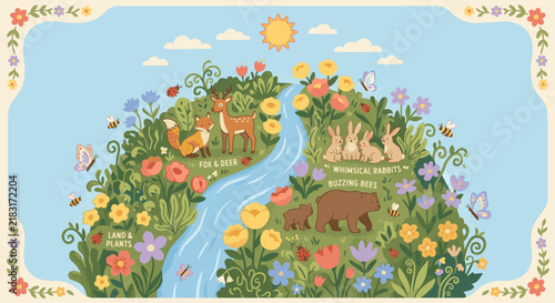 Bible, Flat vector illustration of vibrant plants, blooming flowers, and gentle wildlife covering a round floating earth, charming naive storybook art style