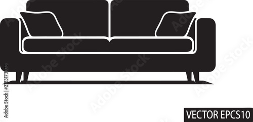 Modern sofa silhouette vector, minimalist living room couch icon, black furniture set with pillows, contemporary home interior design element