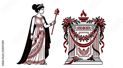 Принти на полотні Classical illustration of the Roman goddess Vesta standing beside a decorative altar with a sacred flame