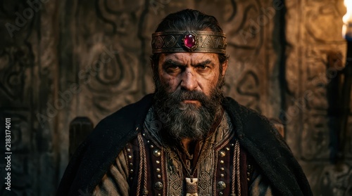 A fierce medieval king with a dark beard wearing a jeweled crown and rich historical royal garments sitting in a stone throne room with ancient