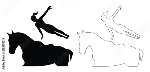 Картината върху платно Equestrian vaulter performing aerial acrobatics above a horse silhouette vector