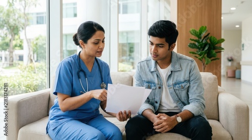 Indian female nurse wearing blue scrubs explains medical test results to male patient sitting on clinic lounge sofa.
