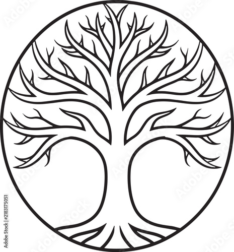 Tree of life symbol in circular frame, minimalist black and white line art vector, mystical oak tree with roots and bare branches for logo design
