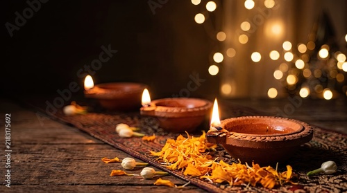 Diwali diyas with lit candles and marigold flowers on a wooden table, festive celebration