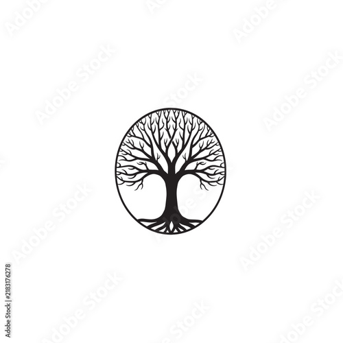 Tree of life circular emblem, black silhouette of a leafless oak with roots, spiritual nature symbol vector, minimalist botanical logo design