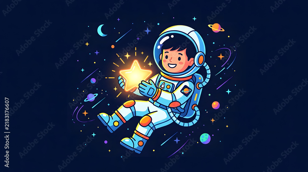 Fototapeta premium Cute cartoon astronaut boy floating in space holding a glowing yellow star illustration.