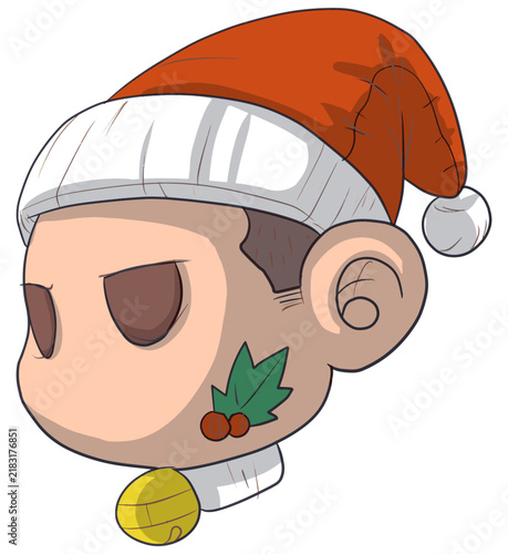 Cartoon Elf Boy Head with Santa Hat and Holly Leaf