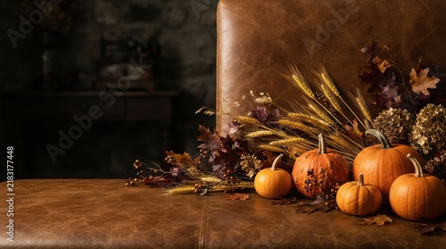 Small orange pumpkins with dried autumn foliage on a brown leather surface thanksgiving halloween decoration