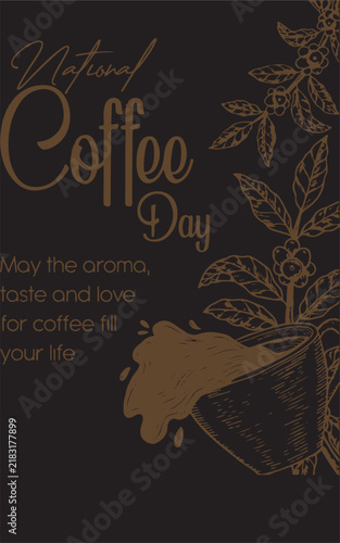 Happy International Coffee Day Poster with Coffee Cup and Roasted Beans
