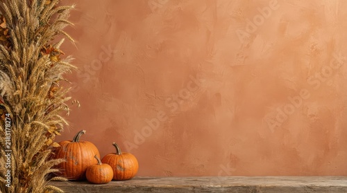 Small orange pumpkins next to a dried wheat sheaf against a textured wall with thanksgiving halloween decoration
