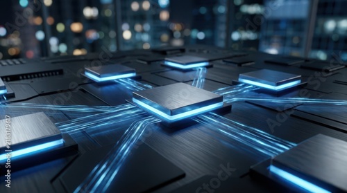 Obraz na płótnie Advanced microchip processors on motherboard with glowing blue light circuits depicting future technology and artificial intelligence data processing