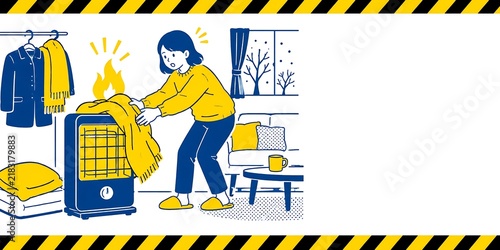 Plakat 暖房器具に衣類や布製品を掛ける火災リスクを描いた冬の室内｜ヒーター・女性・衣類・暖房・防火・安全対策