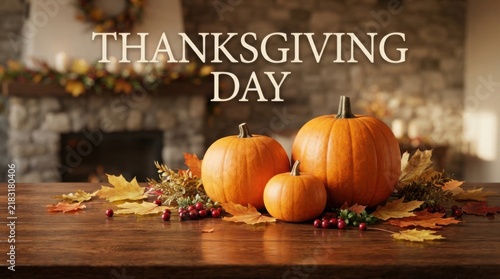 Thanksgiving day pumpkins and autumn leaves decoration on wooden table with thanksgiving pumpkins seasonal
