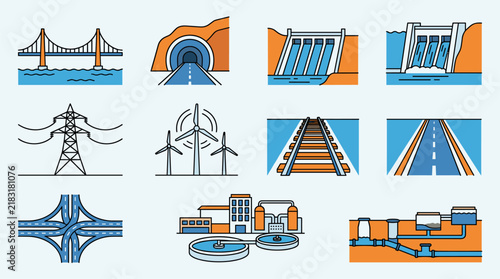 Fotografía Set of 9 flat design icons representing infrastructure and utilities, including