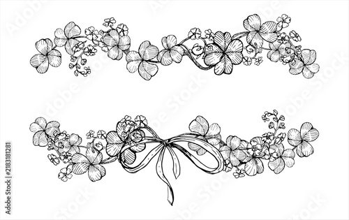 Clover and forget-me-not floral double border with a bow hand drawn vector ink sketch. Line art illustration for St Patricks day greeting cards, Irish wedding Invitation, celtic vintage festive poster