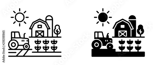 Farm Icons: Tractor, Barn, Crops, and Sun, Agricultural Scene Vector Graphics