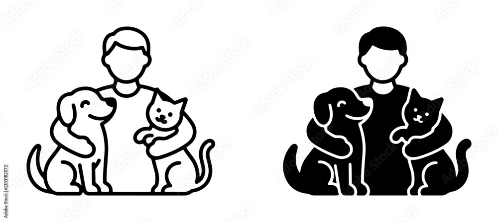 Fototapeta premium Pet Care Icons: Person Hugging Dog and Cat, Outline and Silhouette Vector Graphics for Animal Lovers