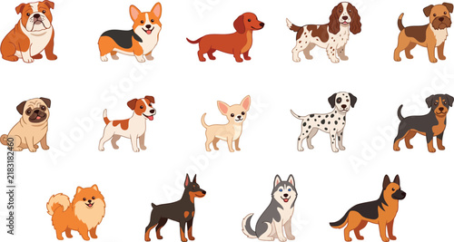Cute dog breeds collection, 14 flat vector pet icons, diverse puppy characters set for veterinary and animal care design
