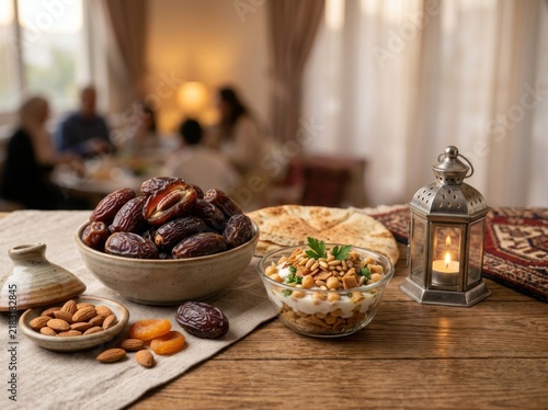Ramadan Iftar spread with dates, nuts, bread and lantern on a table