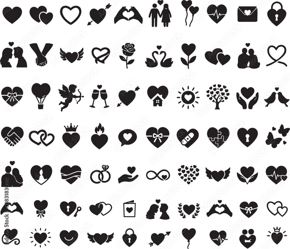 Obraz premium Love Icon Set – Heart, Couple, Romance and Wedding Symbols in Black Silhouette Style