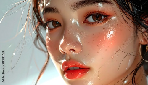 Close up portrait of woman with glittery eye makeup.