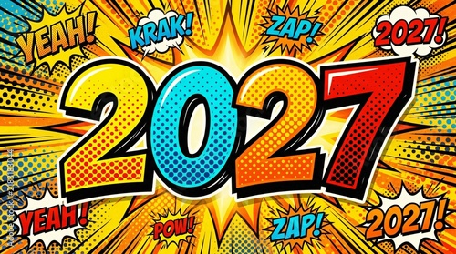 2027 New Year celebration design in vibrant pop art comic book style. Bold typography with yellow blue orange and red numbers. Halftone dot patterns. Explosive background bursts with action text