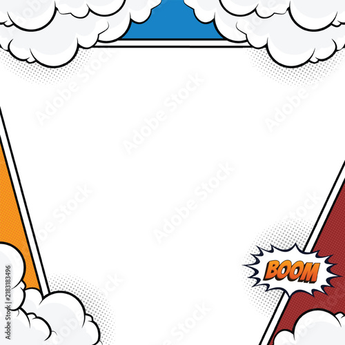 Comic Book Background Frame Template with Pop Art Halftone and Boom Speech Bubble