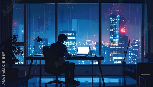 Business professional analyzing financial data on multiple screens.