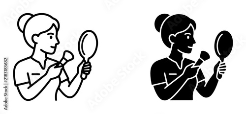 Woman Applying Makeup with Mirror and Brush, Beauty Icon Set, Cosmetic Application, Personal Care Vector Graphics