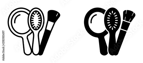Beauty Essentials Icons: Mirror, Hairbrush, Makeup Brush Set, Vector Graphics for Cosmetics, Personal Care, and Glamour Themes